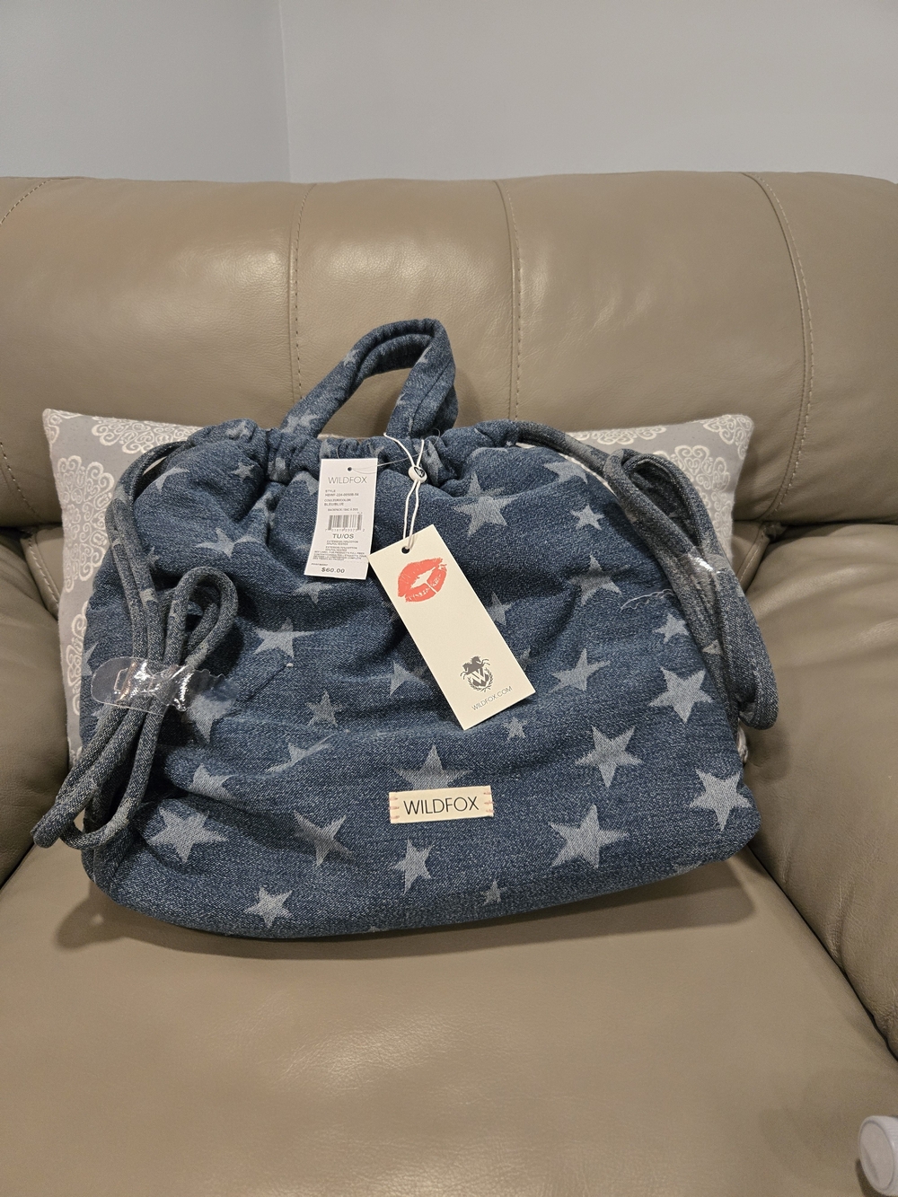 Wildfox Women's Star-Print Denim Backpack Bag in Blue NWT